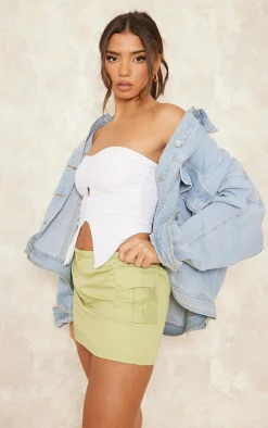 Sage Khaki Twill Pocket Front Micro Mini Cargo Skirt