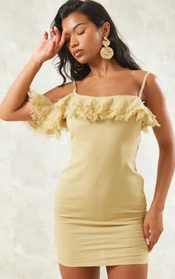 Sage Linen Look Frayed Trim Detail Strappy Bodycon Dress