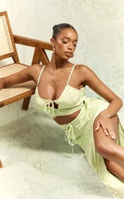 Sage Linen Look Shirred Bust Cut Out Ruched Strappy Maxi Dress