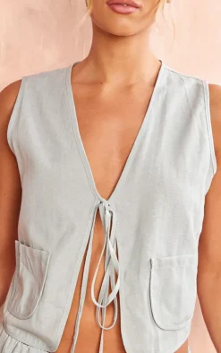 Sage Linen Look Tie Front Vest