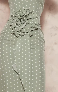 Sage Polka Dot Satin Rose Detail Maxi Dress