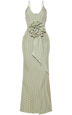 Sage Polka Dot Satin Rose Detail Maxi Dress