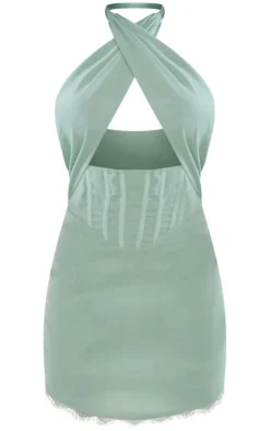 Sage Print Chiffon Cross Halter Lace Trim Bodycon Dress