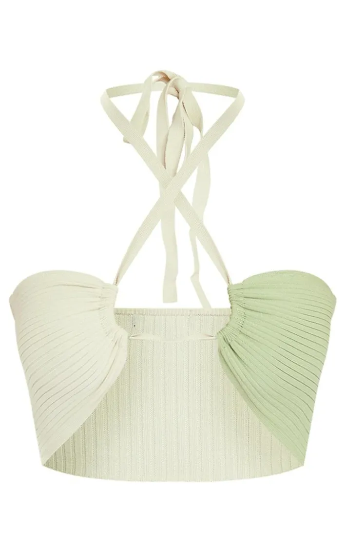 Sage Rib Knit Contrast Panel Bandeau Top