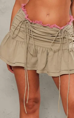 Sage Ruched Front Lace Trim Frill Hem Mini Skirt