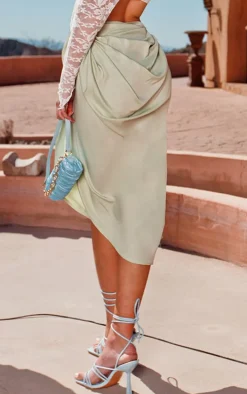 Sage Ruched Side Midi Skirt