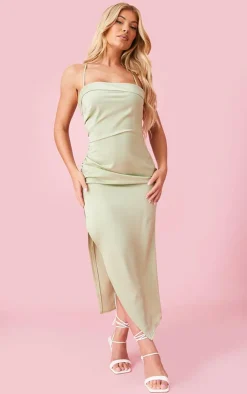 Sage Satin Fold Over Detail Ruched Strappy Midi Dress