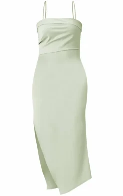 Sage Satin Fold Over Detail Ruched Strappy Midi Dress