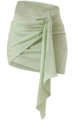 Sage Satin Wrap Tie Detail Mini Skirt