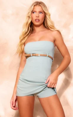 Sage Stretch Woven Belt Front Skort Romper
