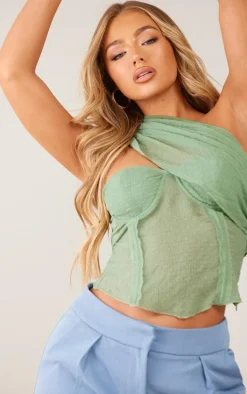 Sage Textured Sheer Chiffon Drape Boned Corset