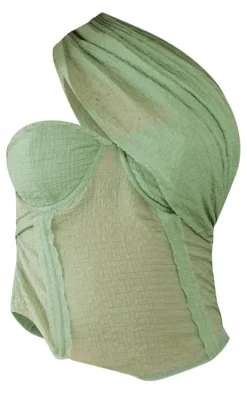 Sage Textured Sheer Chiffon Drape Boned Corset