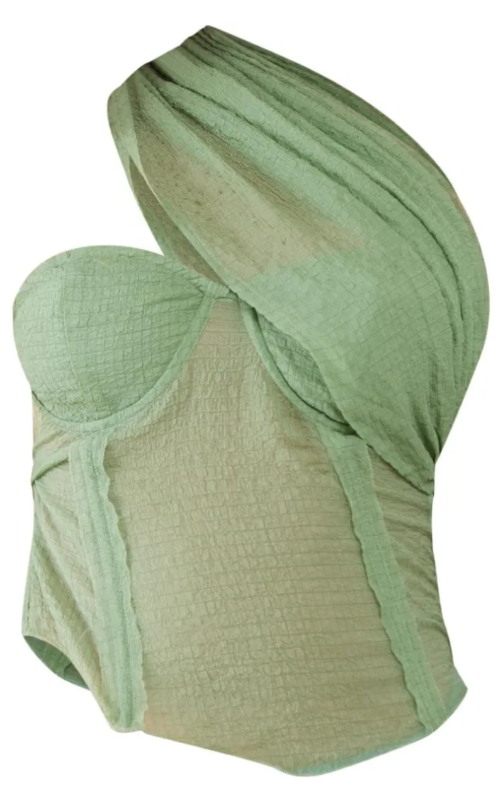 Sage Textured Sheer Chiffon Drape Boned Corset