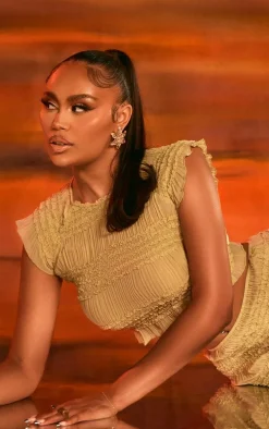 Sage Textured Woven Cap Sleeve Crop Top