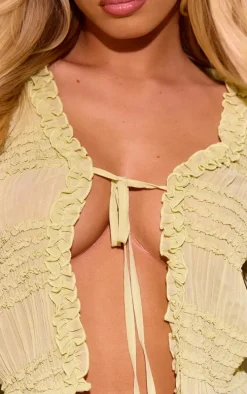 Sage Textured Woven Frill Tie Long Top