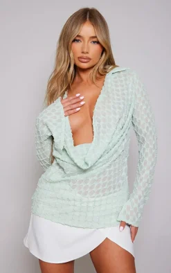 Sage Textured Woven Plunge Split Sleeve Shirt