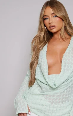 Sage Textured Woven Plunge Split Sleeve Shirt