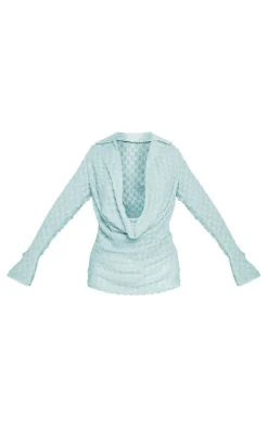 Sage Textured Woven Plunge Split Sleeve Shirt