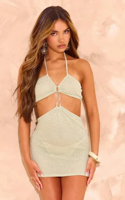 Sage Waffle Texture Halterneck Mini Dress