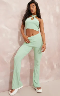 Sage Wide Rib Soft Knit Split Hem Leggings