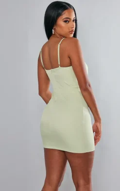 Sage Woven Corset Lace Trim Strappy Bodycon Dress