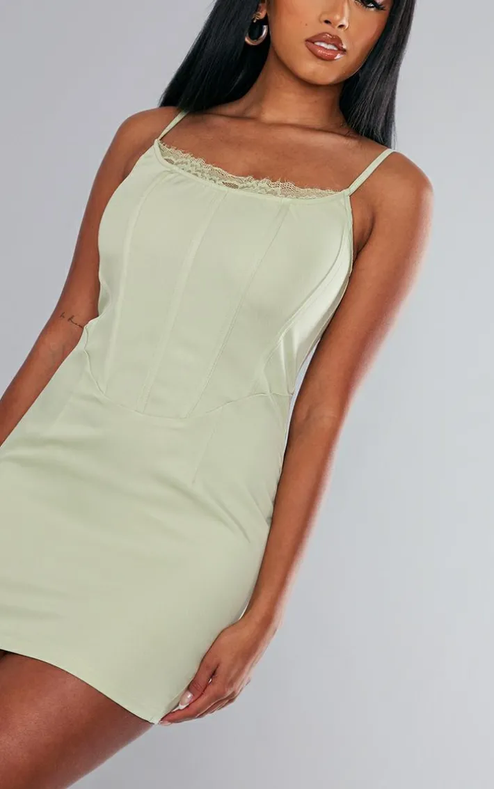 Sage Woven Corset Lace Trim Strappy Bodycon Dress