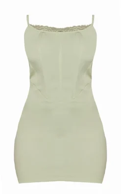 Sage Woven Corset Lace Trim Strappy Bodycon Dress