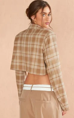 Sand Check Asymmetric Hem Boxy Crop Blazer