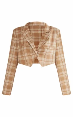 Sand Check Asymmetric Hem Boxy Crop Blazer