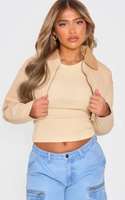 Sand Cotton Feel Contrast Collar Crop Jacket