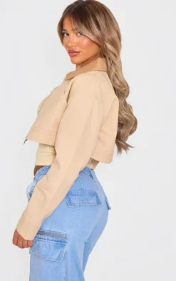 Sand Cotton Feel Contrast Collar Crop Jacket