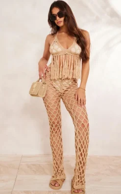 Sand Crochet Netted Tassel Belt Pants