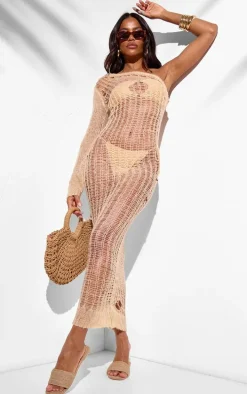 Sand Distressed Open Knit One Sleeve Midaxi Beach Dress