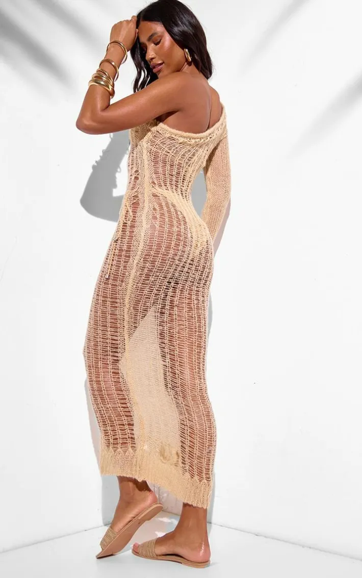 Sand Distressed Open Knit One Sleeve Midaxi Beach Dress