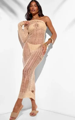 Sand Distressed Open Knit One Sleeve Midaxi Beach Dress