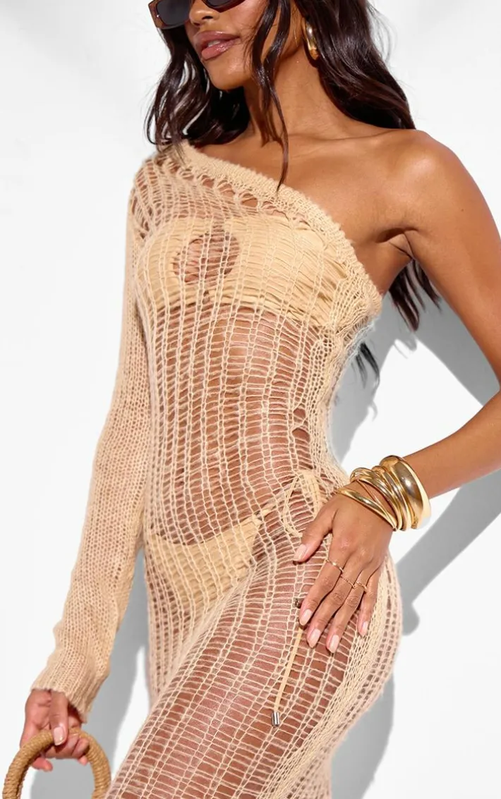 Sand Distressed Open Knit One Sleeve Midaxi Beach Dress