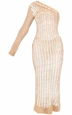 Sand Distressed Open Knit One Sleeve Midaxi Beach Dress