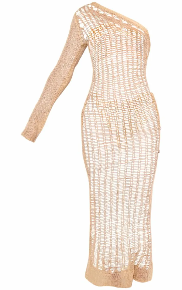 Sand Distressed Open Knit One Sleeve Midaxi Beach Dress