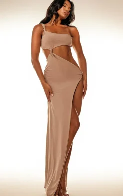 Sand Double Layer Slinky Asymmetrical Knotted Maxi Dress