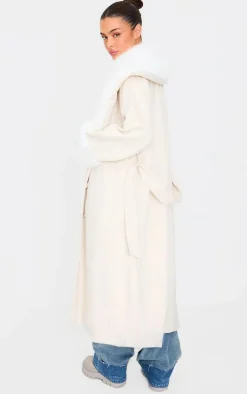 Sand Faux Fur Trim Contrast Faux Suede Coat