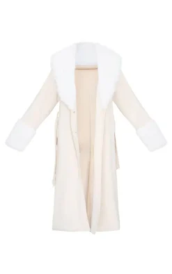 Sand Faux Fur Trim Contrast Faux Suede Coat