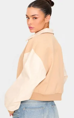 Sand Faux Leather Contrast Wool Look Bomber Jacket