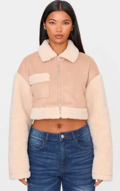 Sand Faux Suede Contrast Borg Cropped Jacket