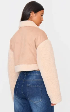 Sand Faux Suede Contrast Borg Cropped Jacket