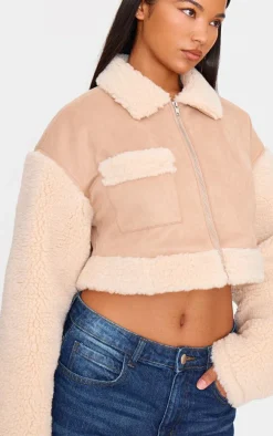 Sand Faux Suede Contrast Borg Cropped Jacket