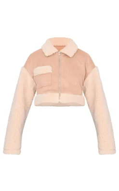 Sand Faux Suede Contrast Borg Cropped Jacket