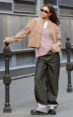 Sand Faux Suede Embossed Biker Jacket