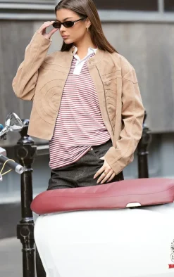 Sand Faux Suede Embossed Biker Jacket