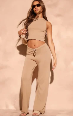 Sand Fine Knit Racer Neck Crop Top