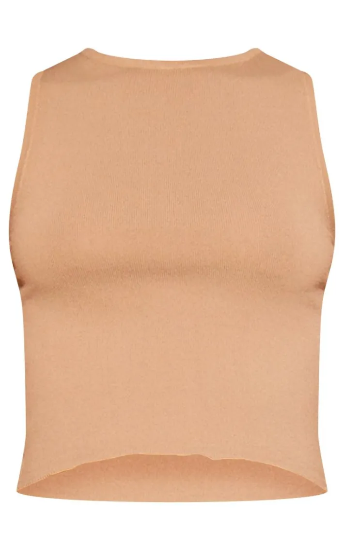 Sand Fine Knit Racer Neck Crop Top